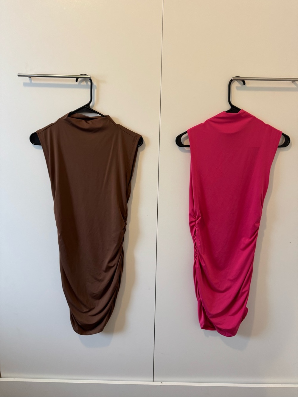 Sleeveless Ruched Bodycon Mini Dress in Brown and Hot Pink high neck